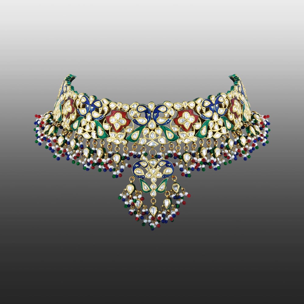 Polki Choker with Multicoloured Enamel and Beads